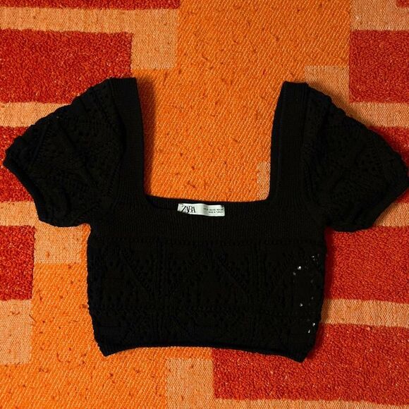 Zara Tops - Zara Knitted Crop Top Beachy Summer Crochet Sleeved Blouse Black XS